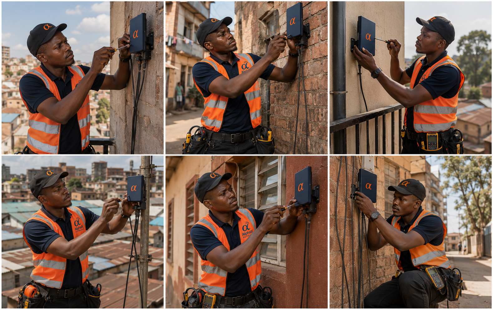 An AlphaX field engineer in branded reflective gear mounting a wireless antenna on a residential building in Eastlands Nairobi