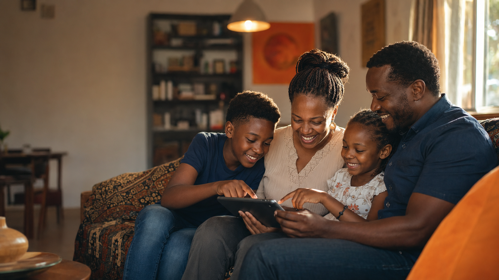 A family at home in Nairobi gathered around a tablet