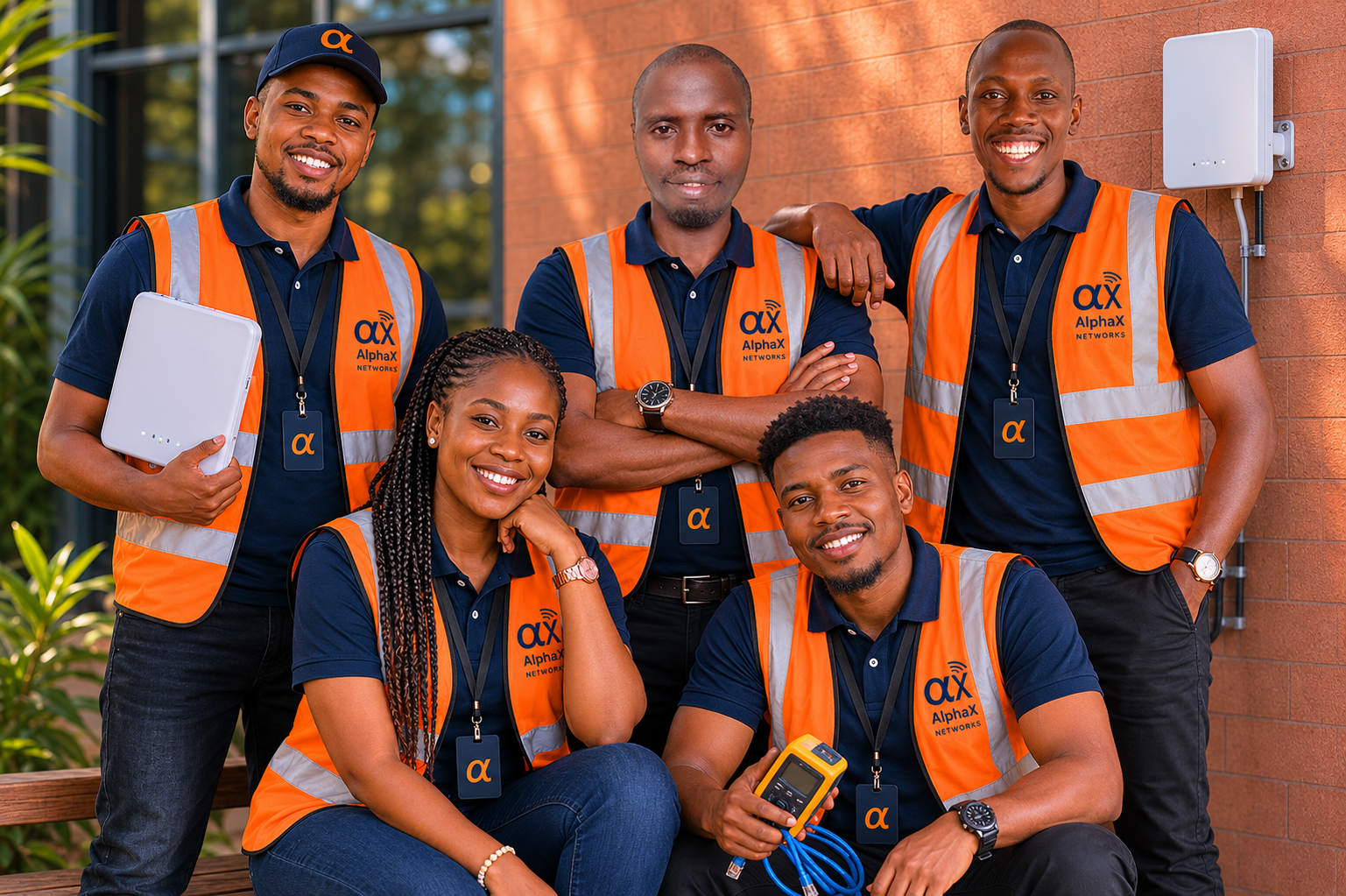 The AlphaX Networks team in branded polos and reflectors outside the office in Eastlands Nairobi